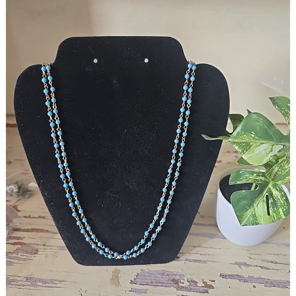 Vtg Blue Beaded Gold Tone Wire Chain Fashion Jewelry Long Rosary‎ Necklace